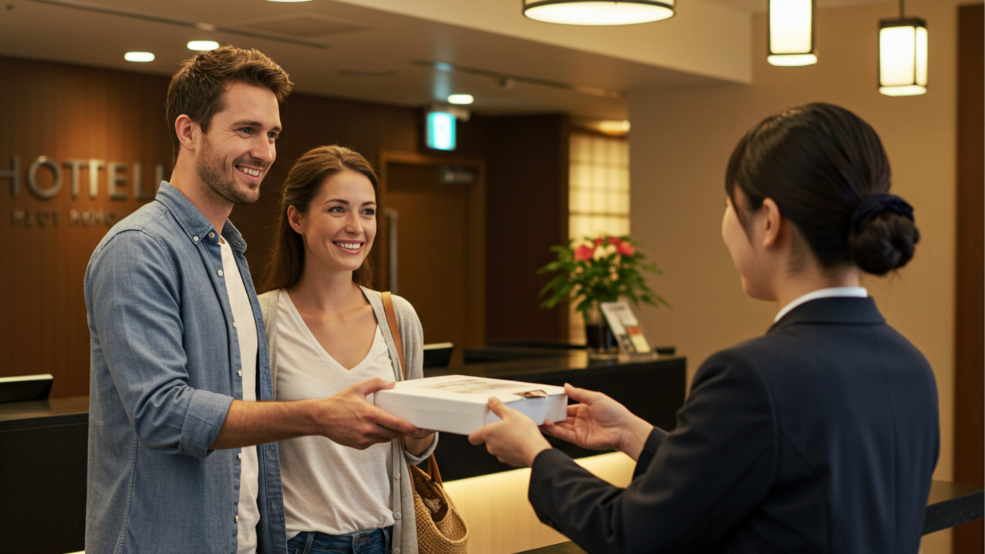 Hotel staff handing CBD package to international guests at the front desk