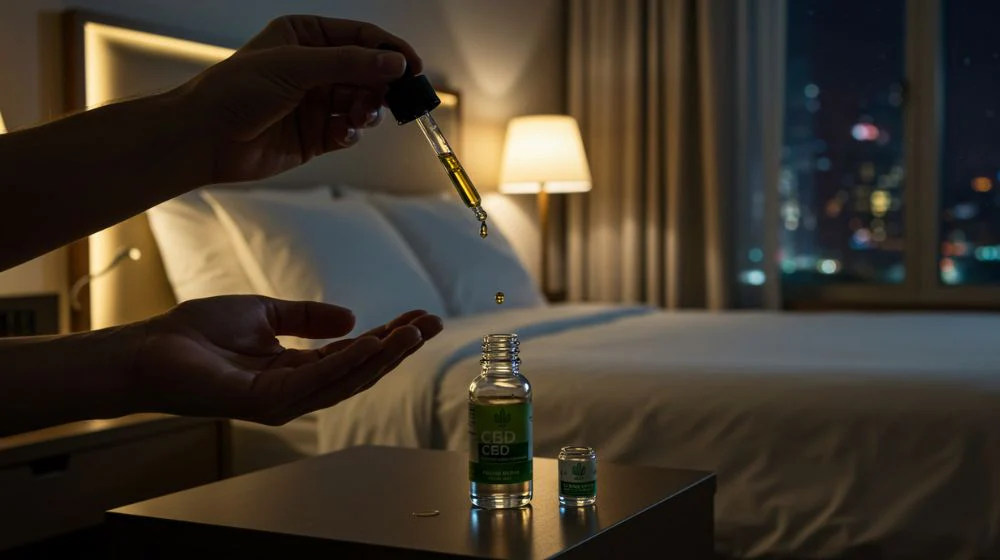 Applying CBD oil in hotel room at night