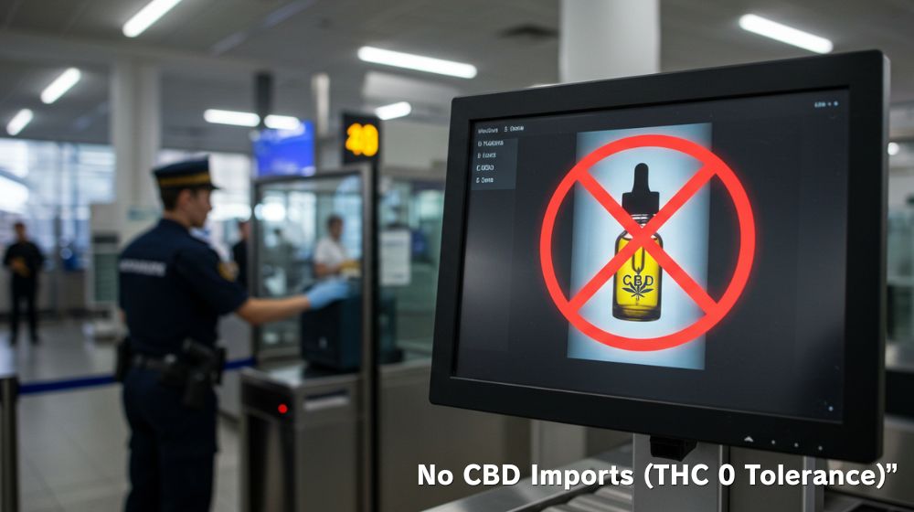Airport security screen showing CBD oil bottle marked prohibited, Japan customs officer checking luggage, CBD import ban (THC zero tolerance)
